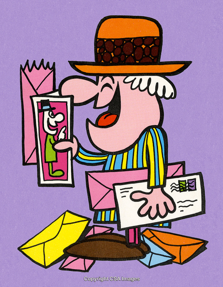 Colorful Cartoon Character with Mail and Envelopes in Whimsical Scene