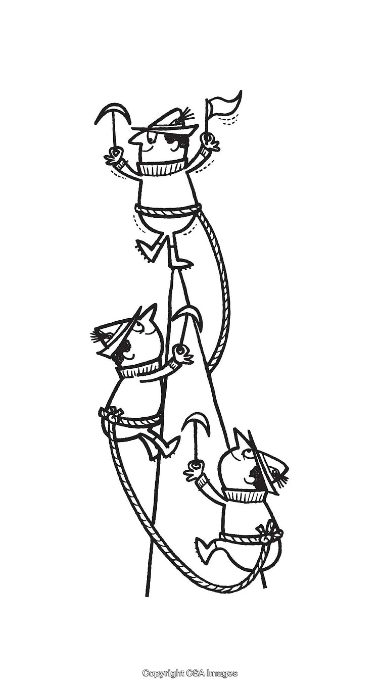 Adventurous Line Art of Three Climbers Scaling a Vertical Rope