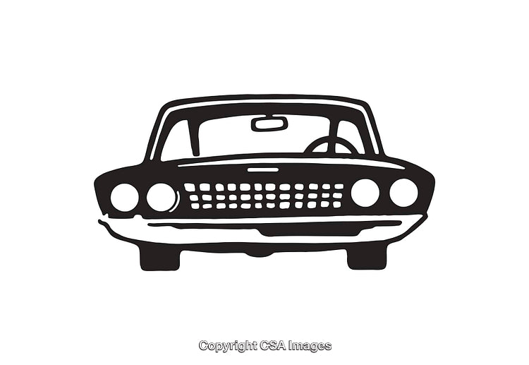 Black and White Line Art Illustration of a Classic Vintage Car Front View