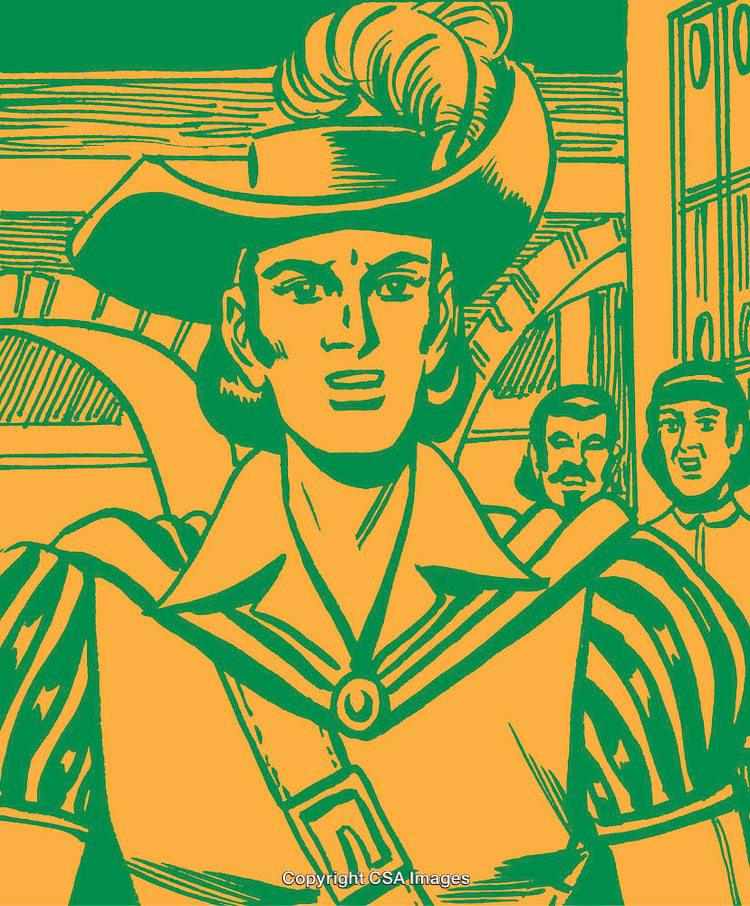 Bold Vintage Illustration of a Historical Figure in a Vibrant Color Scheme