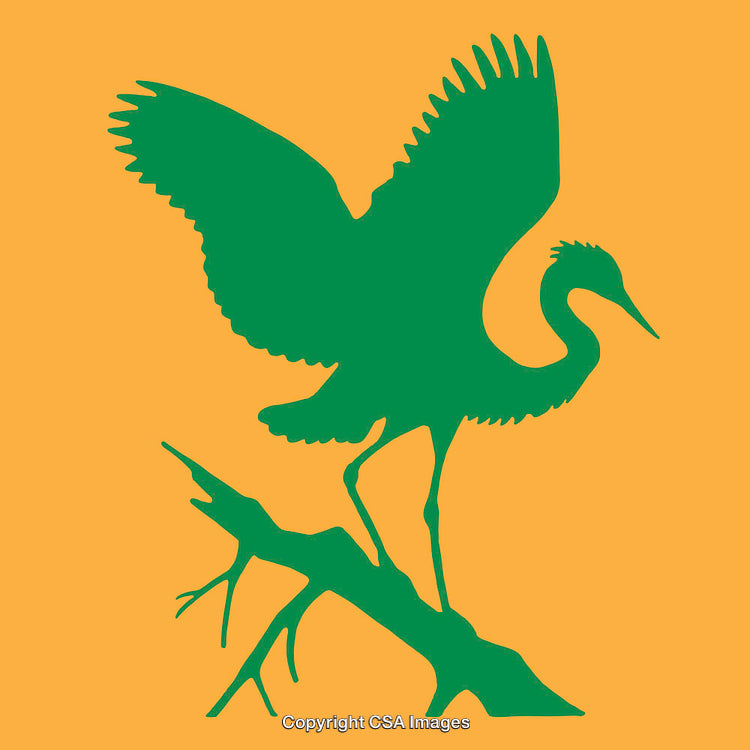 Green Silhouette of Heron Perched on Branch Against Orange Background