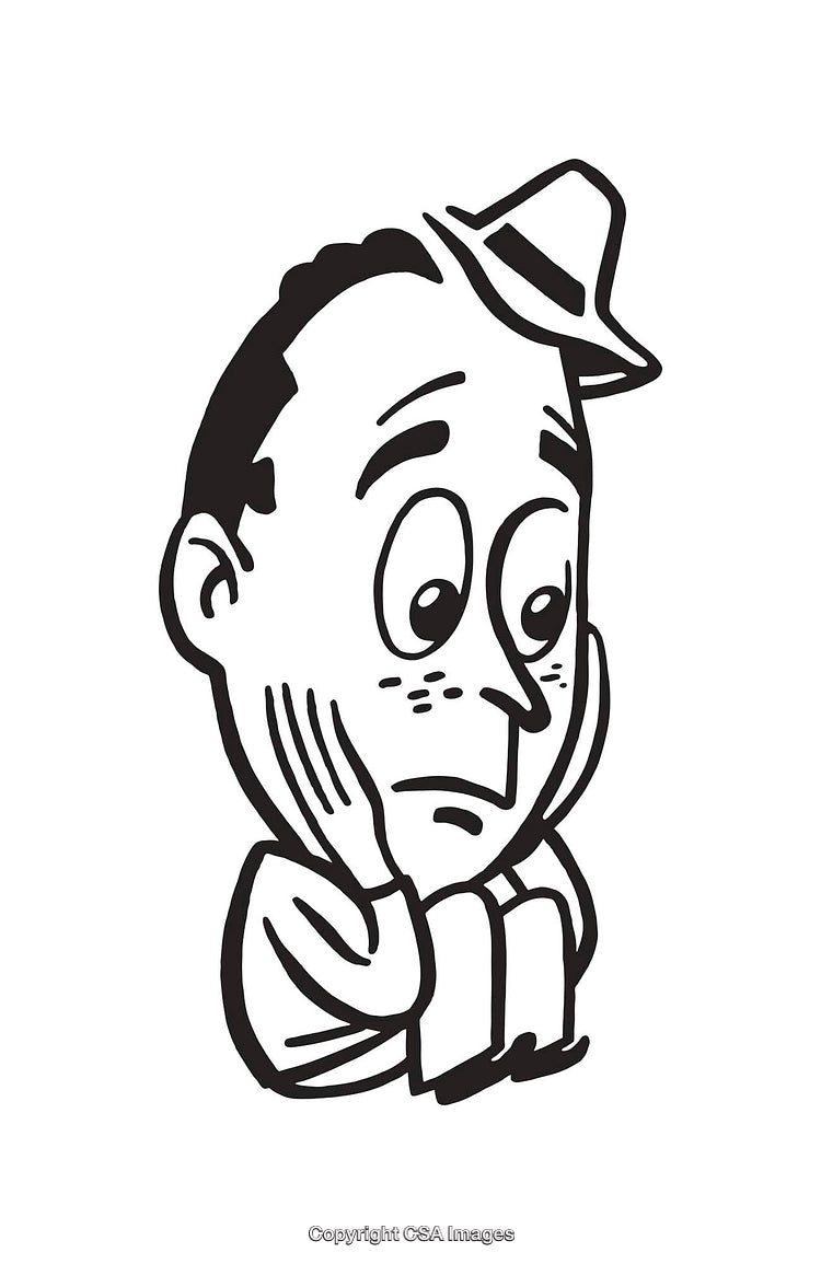 Black and White Illustration of a Worried Man Holding His Face