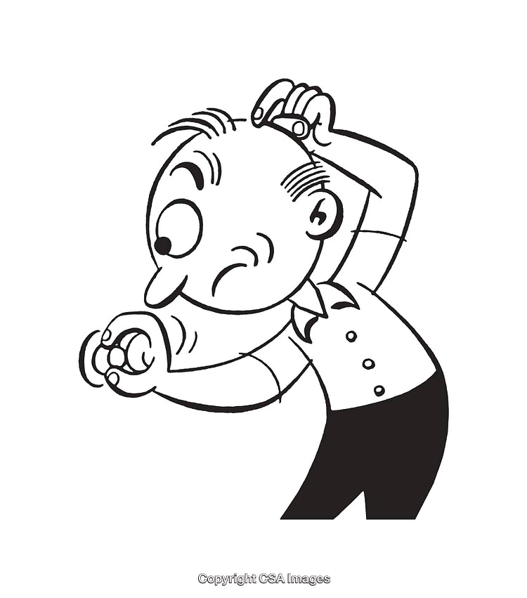 Cartoon Man Inspecting Object with Magnifying Glass in Line Art Style