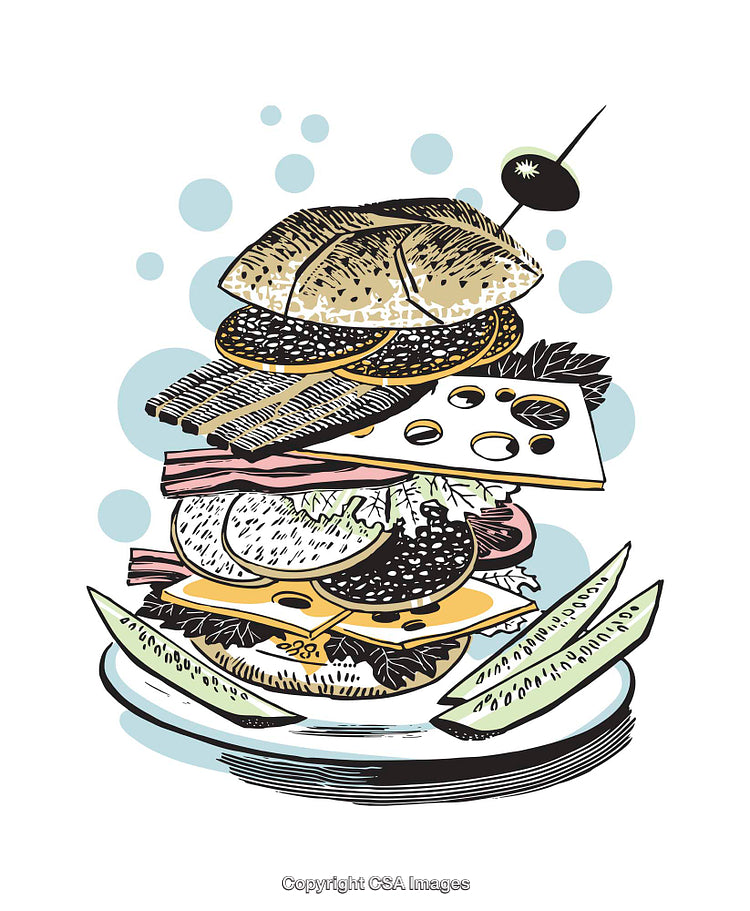 Illustrated Gourmet Sandwich with Layers of Tasty Ingredients and Rustic Charm