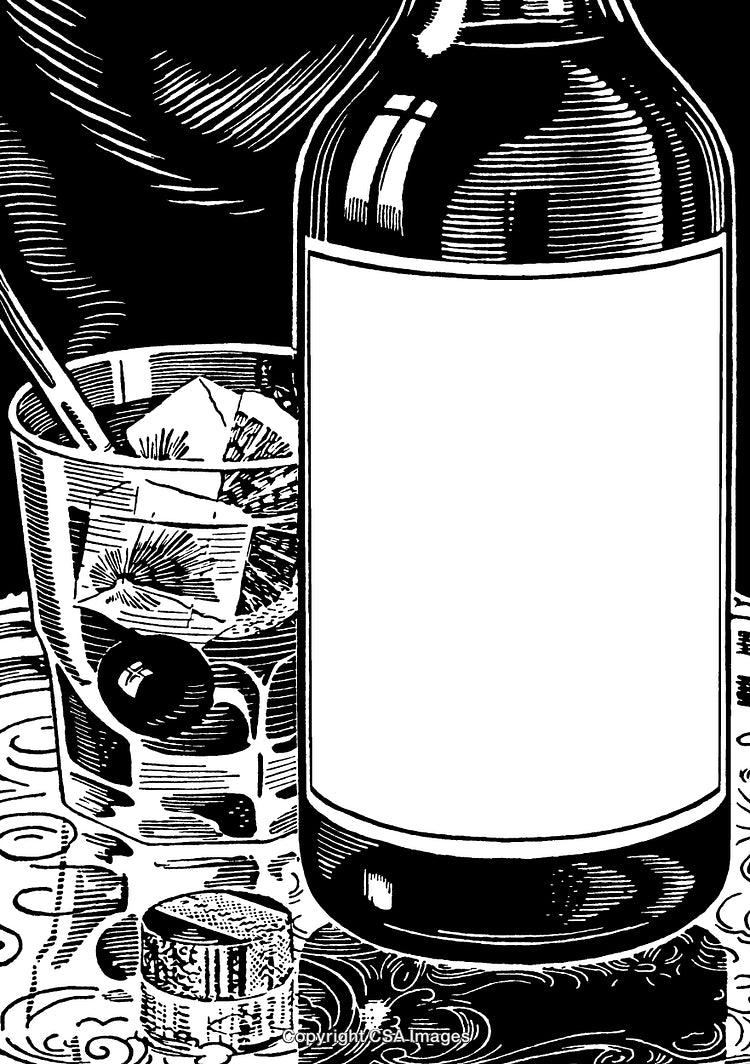 Intricate Black and White Engraving of Bottled Beverage and Cocktail Glass