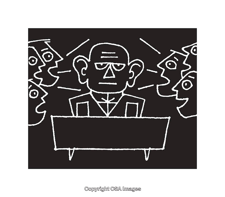 Businessman Surrounded by Speaking Crowd in Black and White Line Drawing