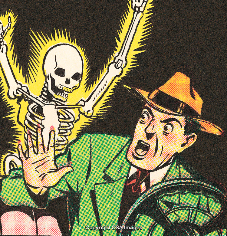 Vintage Comic Style Illustration of Mysterious Skeleton in Car Scene