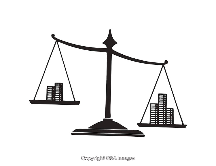 Black and White Line Art of Scales Balancing Coin Stacks