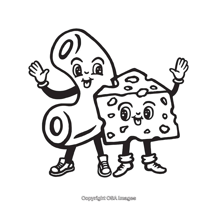 Cute Black and White Cartoon Pasta and Cheese Characters in Line Art