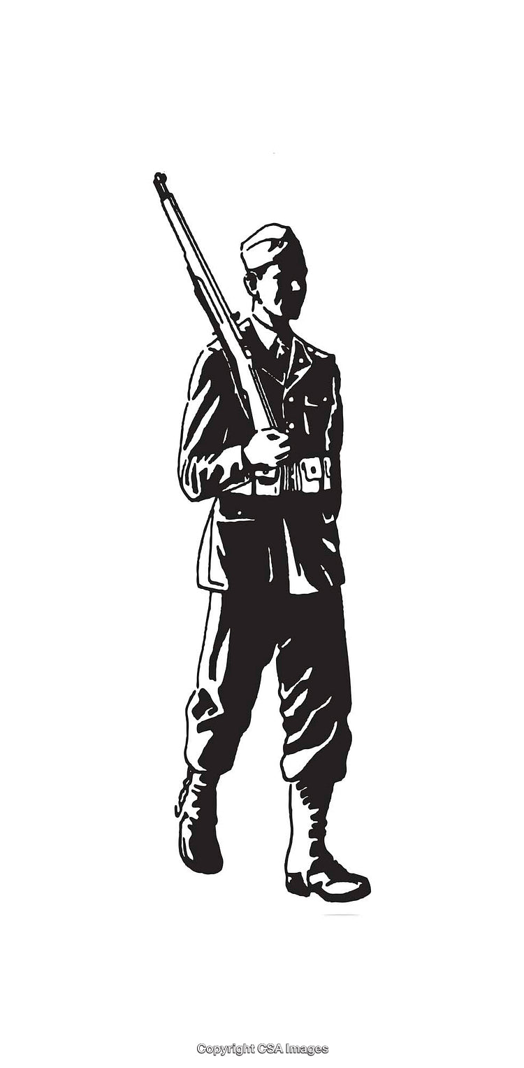 Black And White Line Art Illustration of a Soldier in Uniform with Rifle