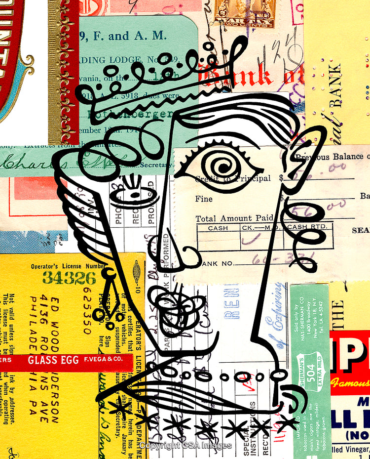 Abstract Collage Featuring Vintage Items and Surreal Black Line Art