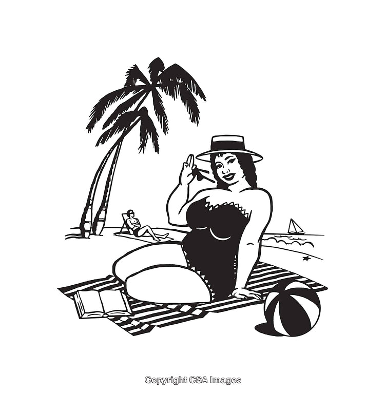 Vintage-Style Beach Scene With Relaxing Woman in Swimsuit Line Art Illustration
