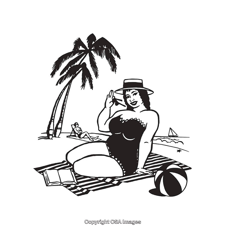Vintage-Style Beach Scene With Relaxing Woman in Swimsuit Line Art Illustration