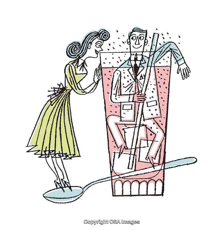 Quirky Illustration of a Woman Interacting with a Man in a Glass