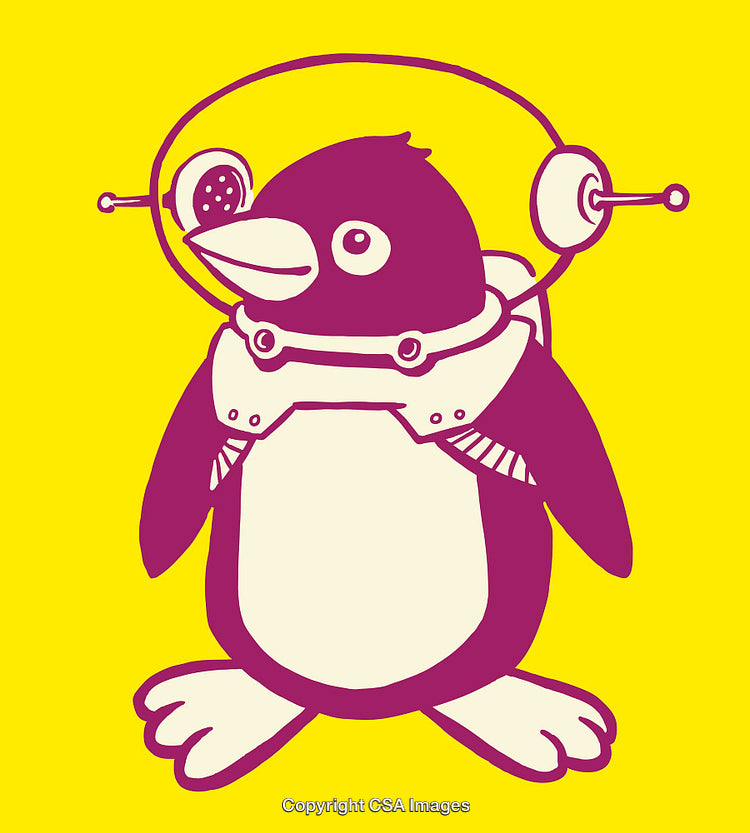 Colorful Illustration of a Penguin Astronaut in a Yellow Space Background