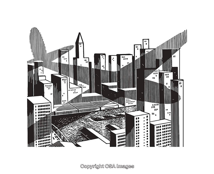Black and White Line Art Illustration of a Cityscape with Skyscrapers
