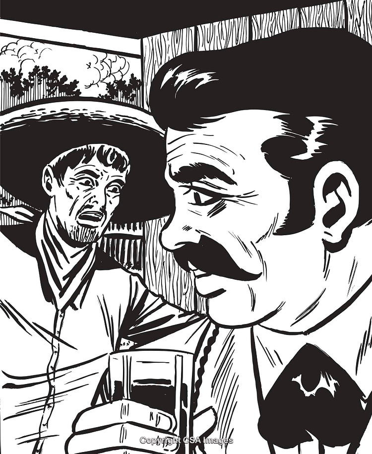 Black and White Artwork Depicting Two Men in Western-Themed Setting