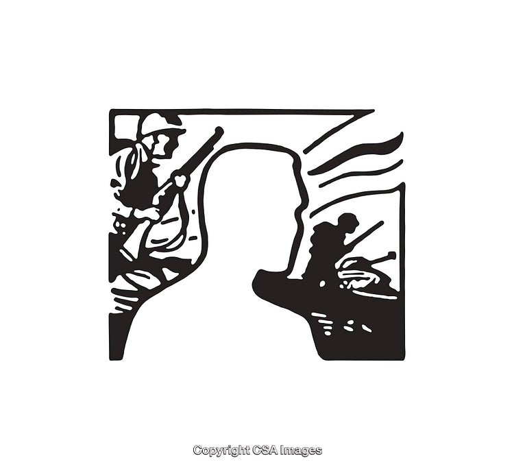 Black and White Line Art Depicting War and Human Reflection