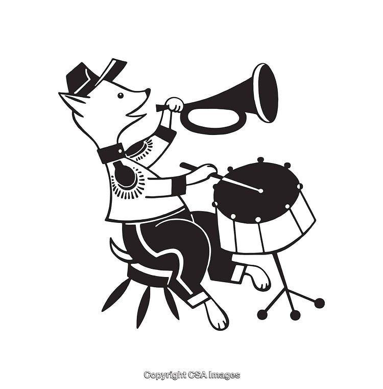 Black And White Fox Playing Drums and Trumpet Line Art Illustration