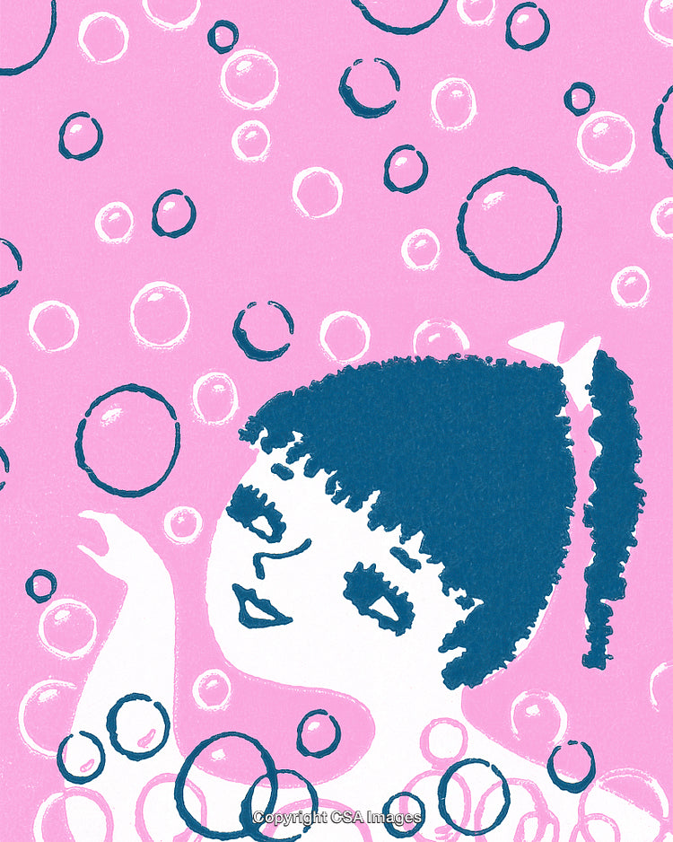 Playful Illustration of a Girl Floating within Bubbles on a Pink Background