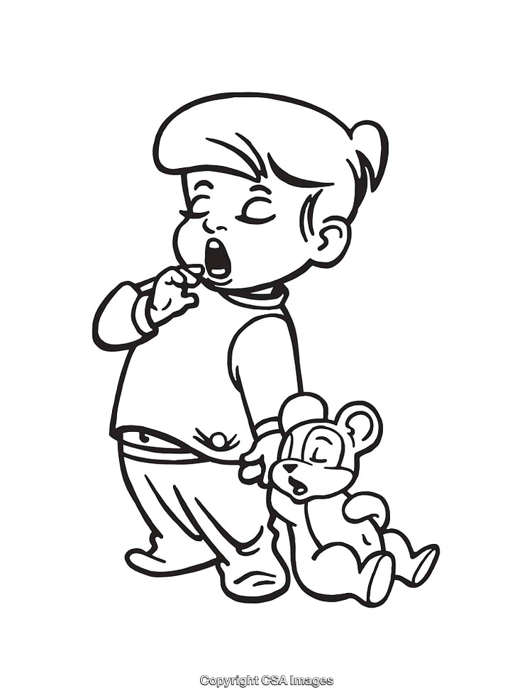 Yawning Child Holding a Teddy Bear in Black and White Line Art