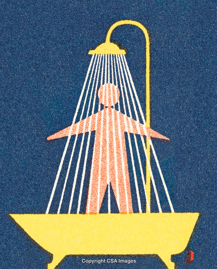 Abstract Illustration of Figure Taking a Shower in a Bathtub on Blue Background
