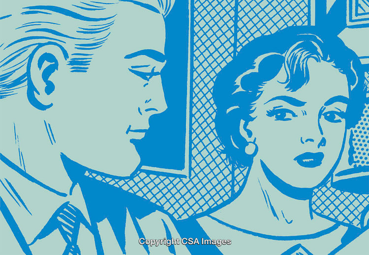 Retro Illustration of a Man and Woman in Thoughtful Expression