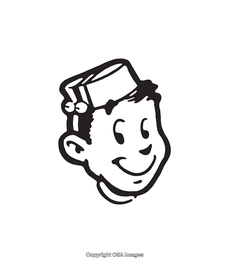 Vintage Black and White Illustration of a Smiling Character in Retro Style