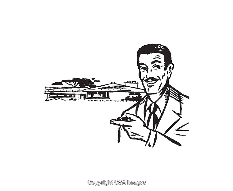 Vintage Line Art Real Estate Illustration with a Smiling Businessman