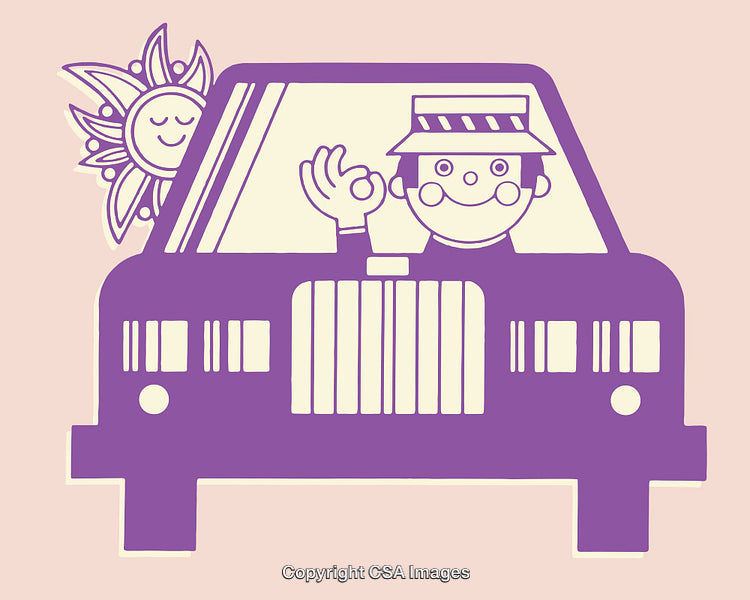 Color Line Art of a Smiling Driver in a Vehicle with Sun Illustration