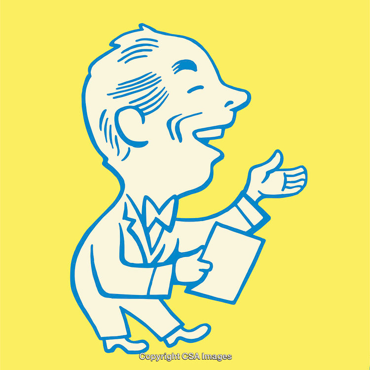 Smiling Cartoon Businessman Holding Paper Gesturing Enthusiastically on Bright Yellow Background