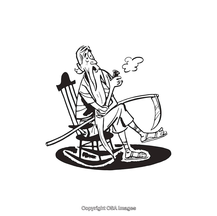 Black and White Line Art of a Man Relaxing with a Scythe