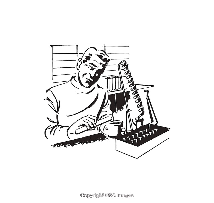 Black and White Line Art of Scientist with Laboratory Equipment