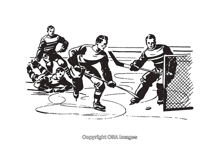 Vintage Black and White Illustration of Hockey Players in Action