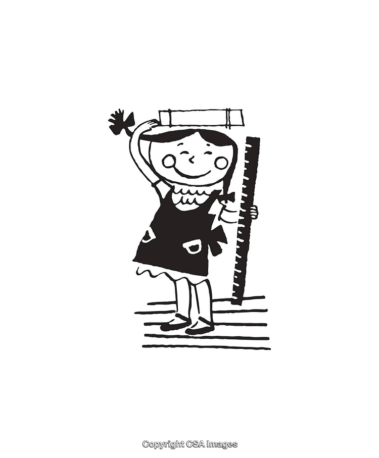 Black and White Cartoon Illustration of a Young Girl Measuring Height