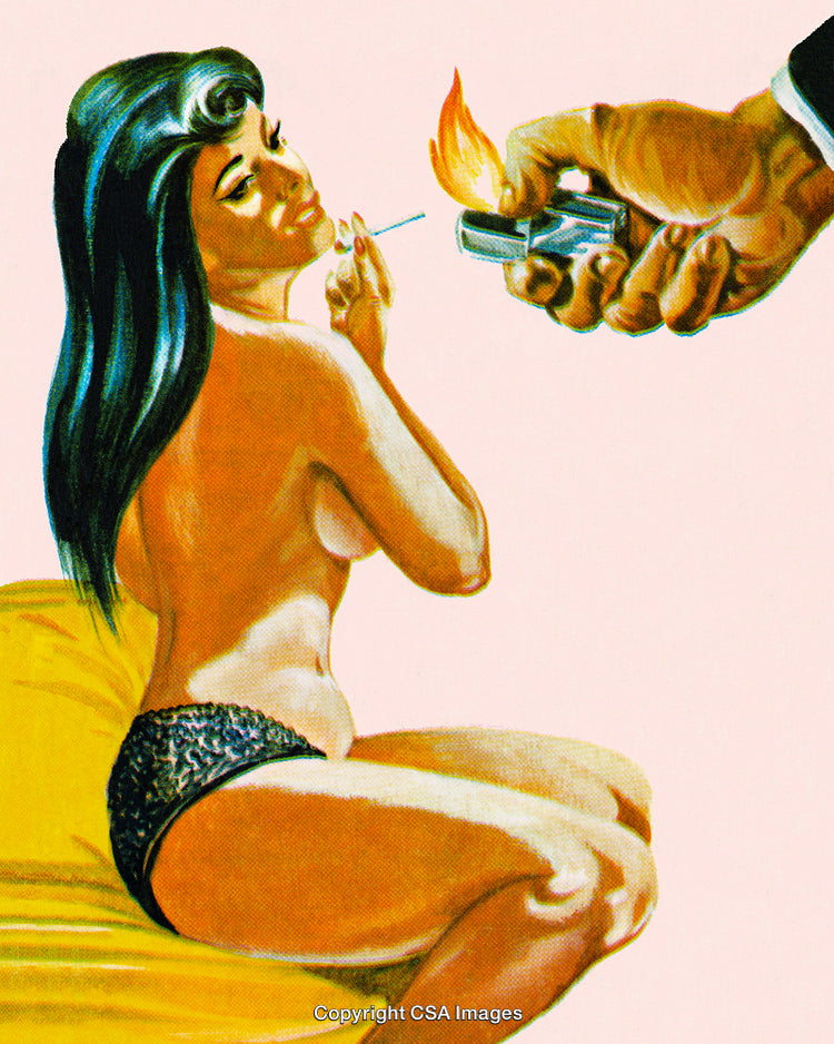 Stylized Illustration of a Woman and a Hand Lighting a Cigarette