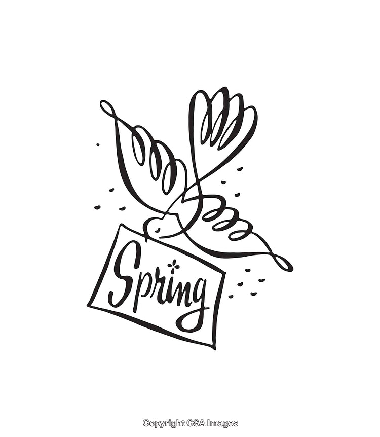 Black and White Line Art Illustration of Spring Theme with Flying Bird
