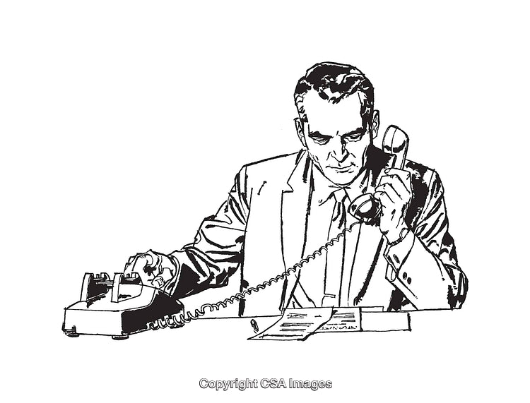 Black and White Line Art of Businessman Using Telephone at Desk