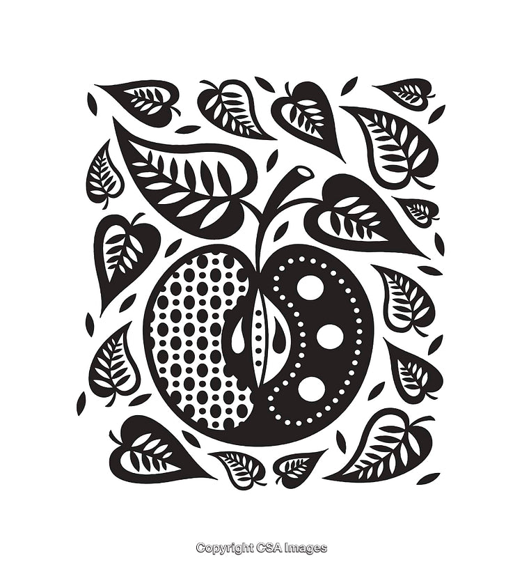 Black and White Decorative Abstract Apple and Leaf Pattern Illustration