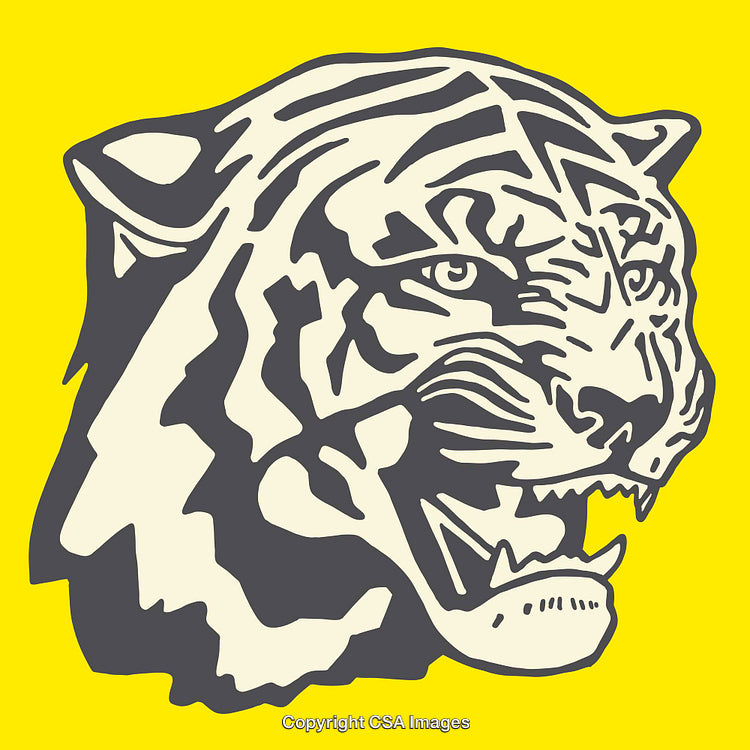 Bold Line Art of a Roaring Tiger on Bright Yellow Background