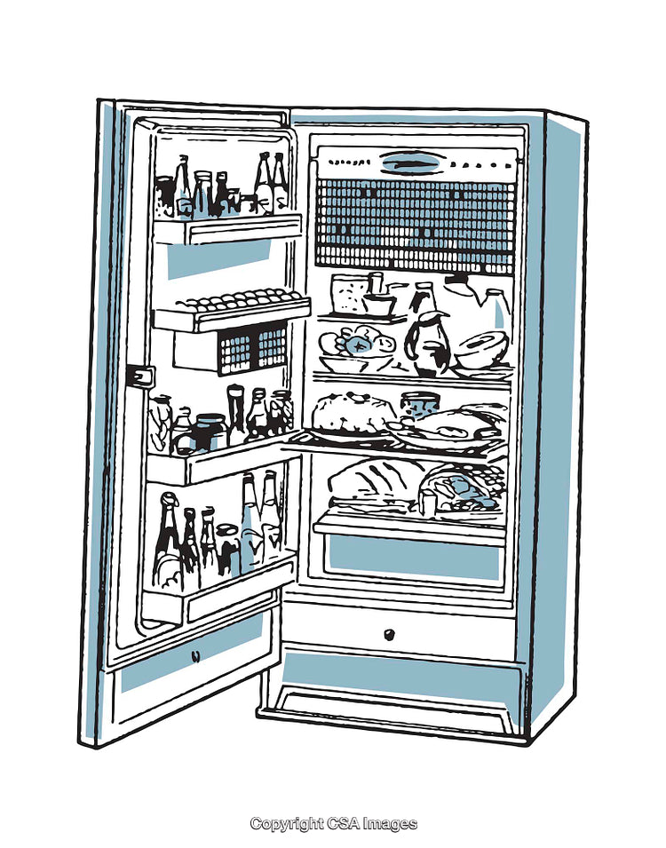 Illustration of a Full Refrigerator with Various Foods and Beverages Inside