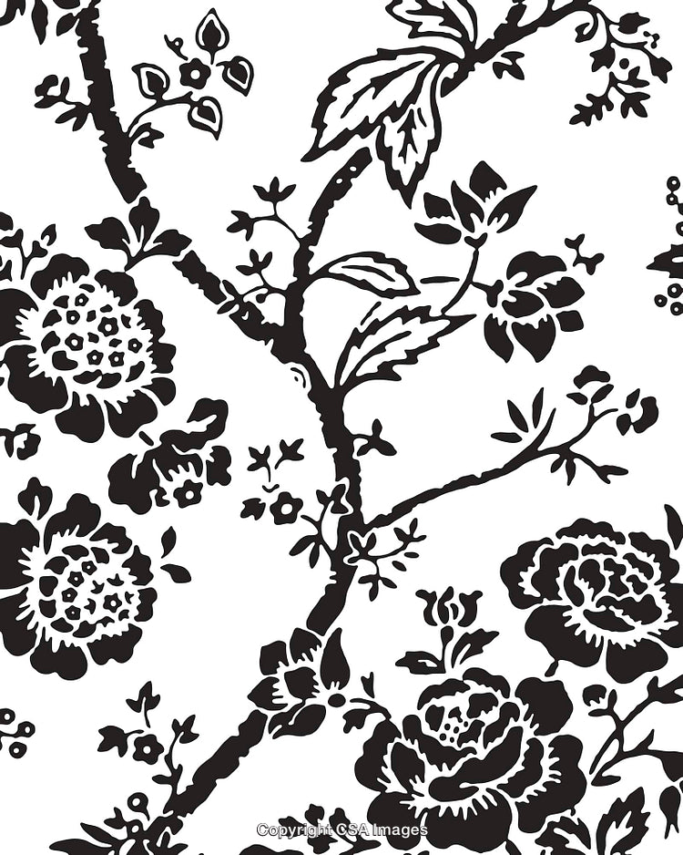 Elegant Black and White Floral Pattern with Botanical Details