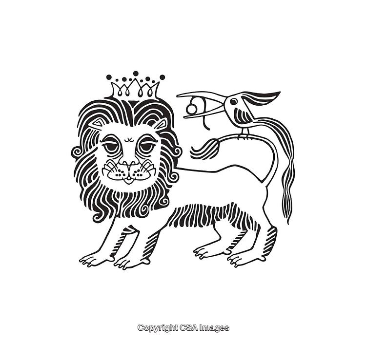 Illustrated Black and White Line Art of a Crowned Lion with a Bird