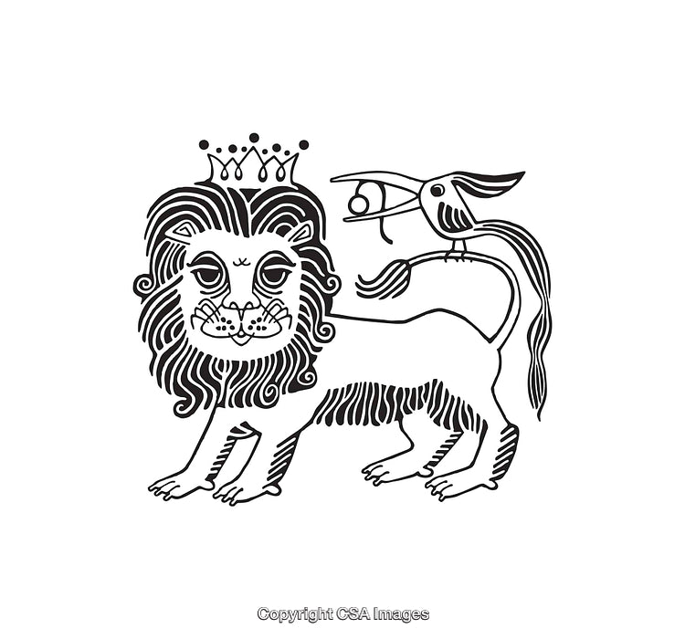 Illustrated Black and White Line Art of a Crowned Lion with a Bird