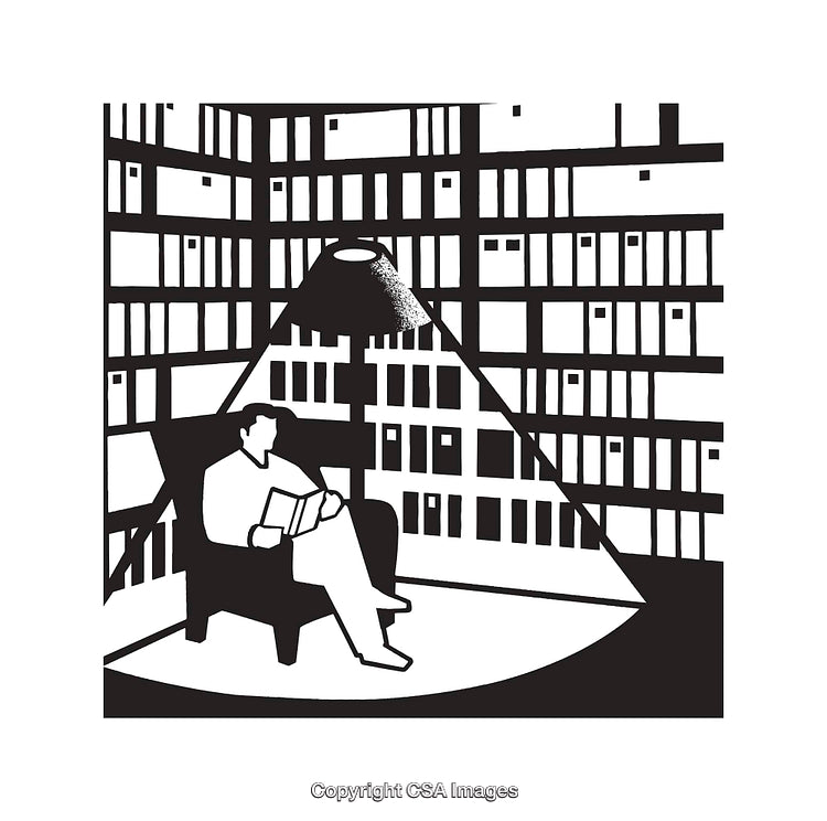 Black and White Illustration of Individual Reading in Library With Bookshelves