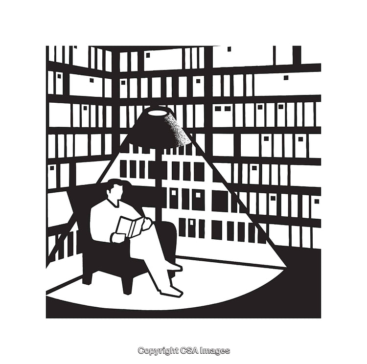 Black and White Illustration of Individual Reading in Library With Bookshelves
