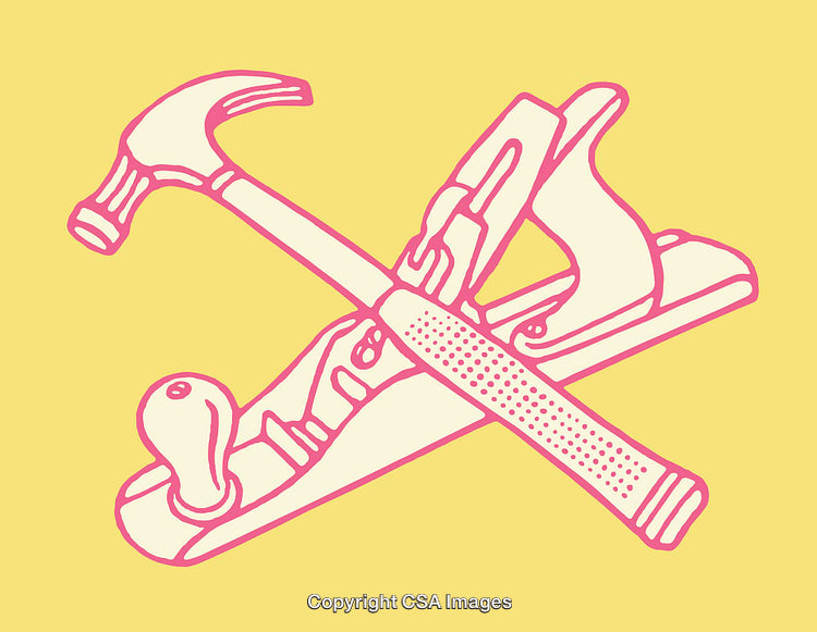 Vintage Line Art of Tools with Hammer and Wood Plane on Yellow Background