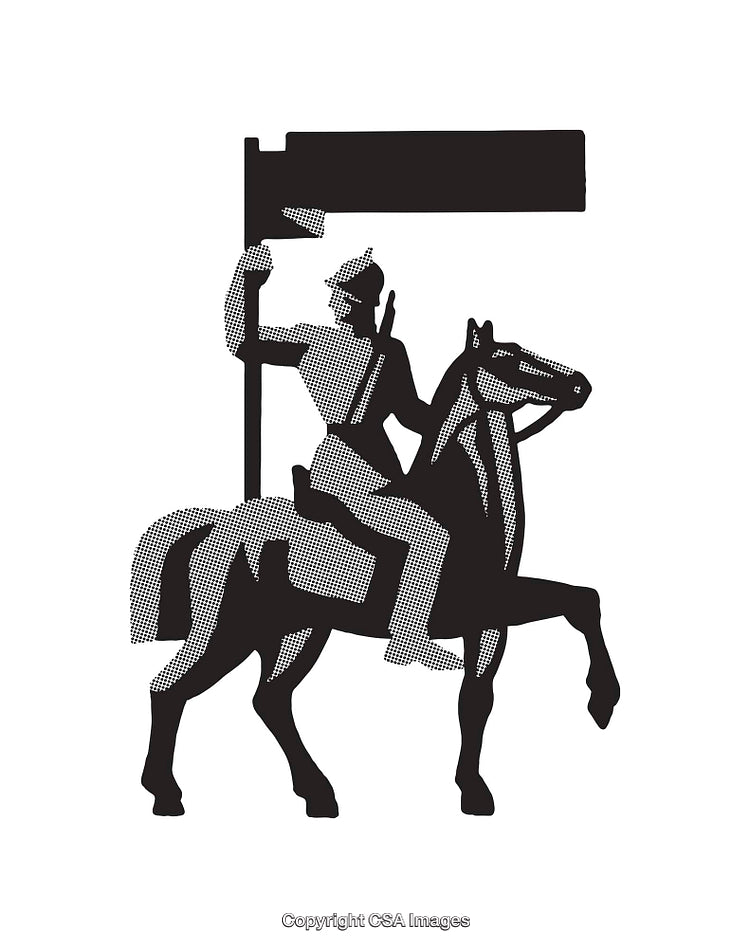 Silhouette Knight on Horseback Holding a Banner in Dynamic Pose
