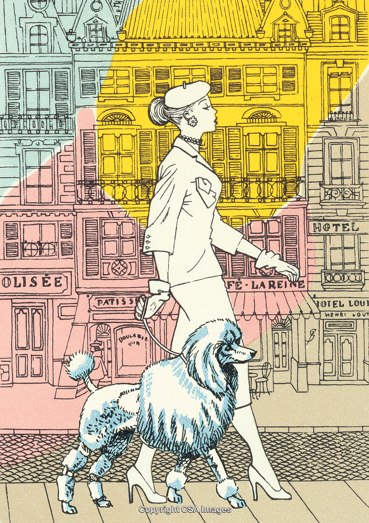 Stylish Woman Walking Her Poodle on a Parisian Street