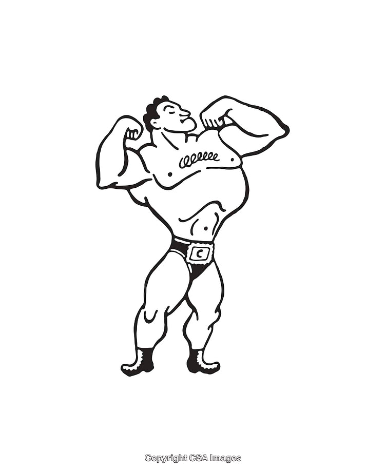 Flexing Cartoon Bodybuilder in Black and White Line Art Illustration